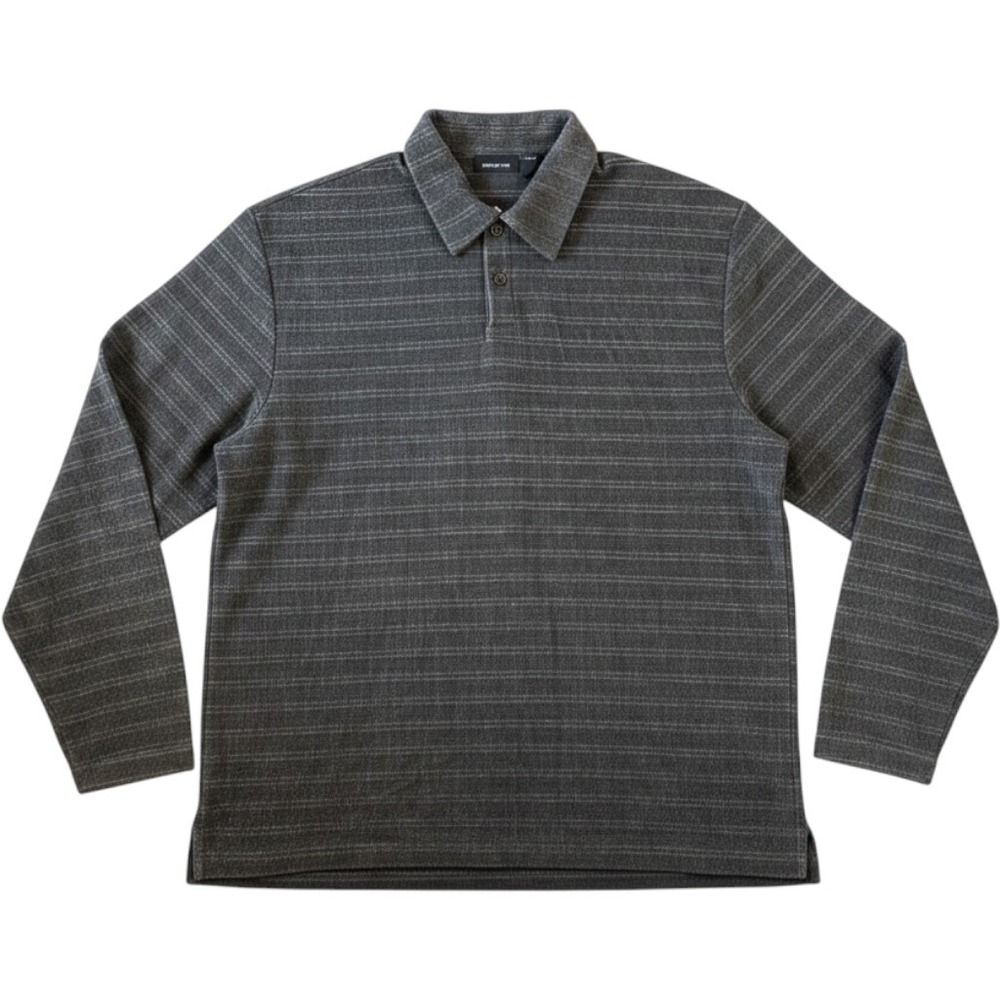 Claiborne Mens Long Sleeve Polo Shirt Gray Textured Striped Knit Medium